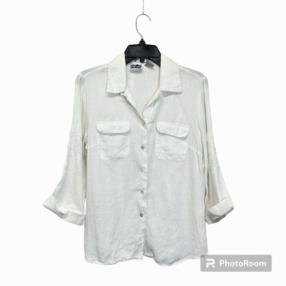 Edward Irish Linen Women’s S Blouse Button Down White Floral Beaded 3/4 Sleeve